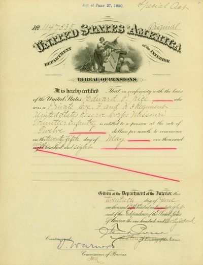 Merknad om pensjonsrett til Edward Parker Rice, 20. juni 1908 av Frank Pierce