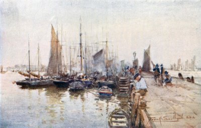 Fiskebåter ved Lowestoft (fargelitografi) av Frank Southgate
