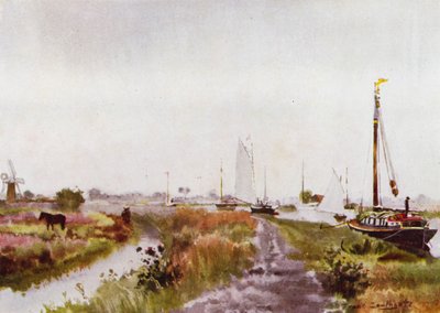 Norfolk Broads: Below Potter Heigham (litho-farge) av Frank Southgate