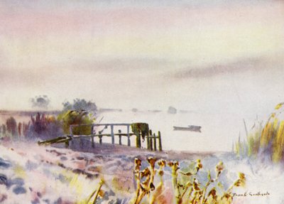 Norfolk Broads: Frosty Sunrise på Ormesby Broad (litho-farge) av Frank Southgate