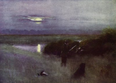 Norfolk Broads: Moonrise, at Flight (farge litho) av Frank Southgate