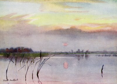 Norfolk Broads: Sunset, Heigham Sounds (litho-farge) av Frank Southgate