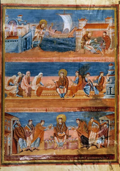 Den hellige Hieronymus forlater Roma og betaler læreren sin i Jerusalem (øverst), jobber med de skriftlærde (i midten) og distribuerer Vulgata (nederst). Miniatyr i "" First Bible of Charles the Bald, også kjent som Bibelen til Vivien"" (Folio 3v), 845-846 av Frankish School