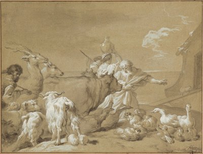 Noah som leder dyrene inn i arken av François André Vincent after Giovanni Benedetto Castiglione