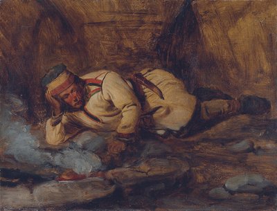 En Laplander sover ved en ild av François Auguste Biard