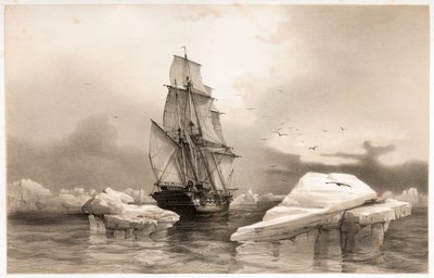 Corvette La Recherche nær Bear Island 7. august 1838 fra Voyages en Scandinavia, 1852. av François Auguste Biard