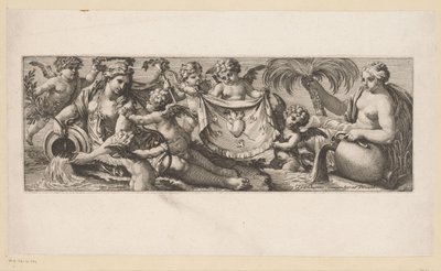 Putto med et brennende hjerte og gjennomboret av noen vannymfer Mytologiske figurer ved vannet (serietittel) av François Bignon