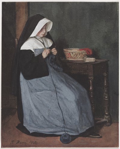 En nonne sitter ved et bord og strikker av François Bonvin