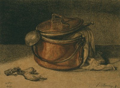 Stilleben med kobbergryte og øse av François Bonvin