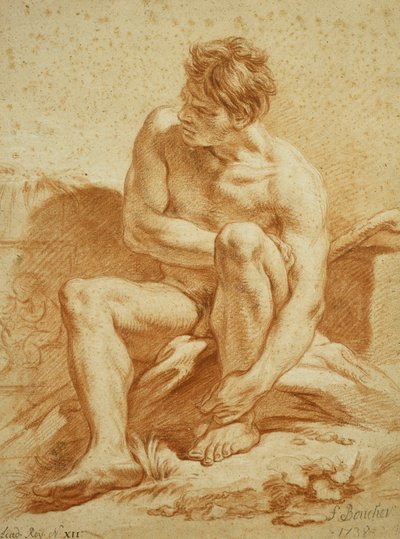 En sittende naken med en stav, et relieff med Putti til venstre, 1738 av François Boucher