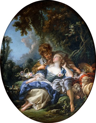 En gjeter og en gjeterinne i Dalliance i et skogslandskap, 1761 av François Boucher