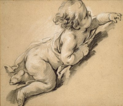 En putto liggende til høyre, midten av 1700-tallet. av François Boucher