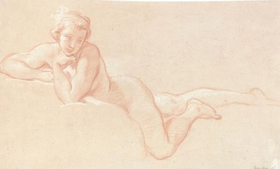 Nakenstudie av en kvinne som ligger på skyer, med haken hvilende på venstre hånd av François Boucher