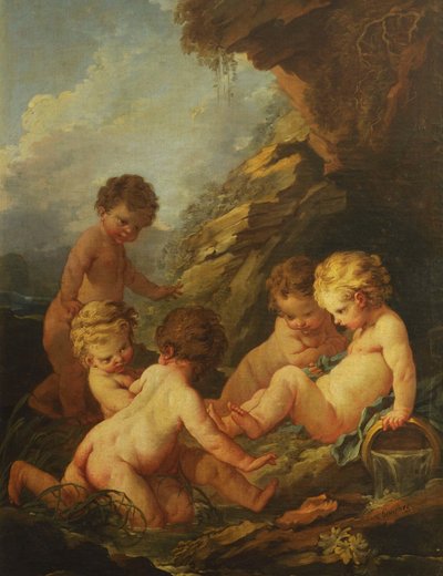 Boucher - Fem nakne barn som leker ved et steinbasseng, 1730–1735 av François Boucher