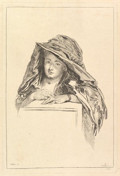 Bysteportrett av en kvinne iført en hettemantel, 1700-tallet. av François Boucher