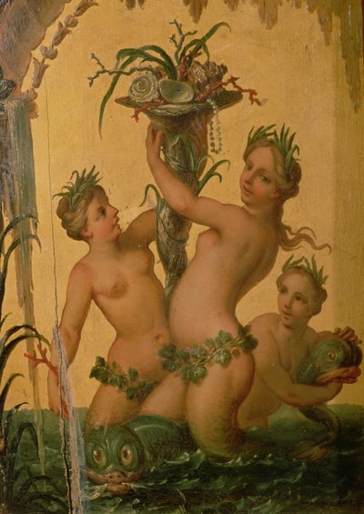 Detalj av sirener som holder et overflødighetshorn fra statsvognen til Peter den store, ca. 1724 av François Boucher