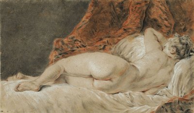 Tilbakelent kvinne sett bakfra, kalt Sleep, ca 1720. av François Boucher