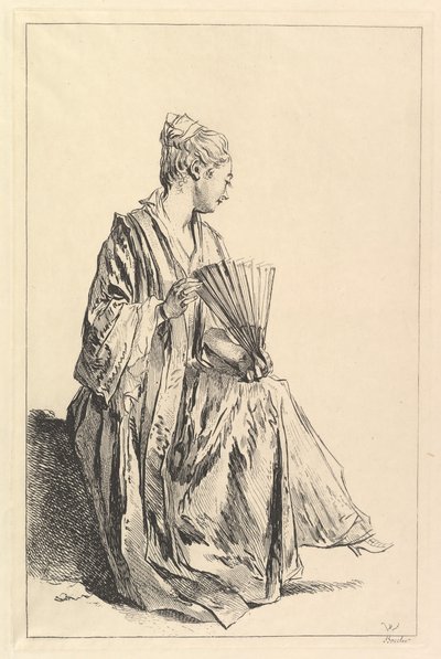 Sittende kvinne, i profil til høyre, spiller en fan, 1720-70. av François Boucher