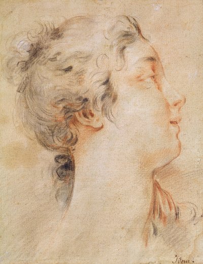 Hodet til en kvinne vendt mot høyre (svart blyant og sangvin) av François Boucher