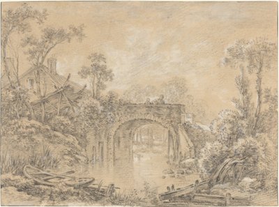 Landskap med en rustikk bro av François Boucher