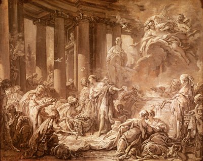 Psyche Receiving the Divine Honours (forberedende studie), ca. 1740 (oljemaleri på papir montert på lerret) av François Boucher
