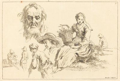 Figurstudier inkludert skjeggete ansikt til en gammel mann av François Boucher after Abraham Bloemaert