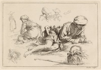 Figurstudier inkludert Reclining Boy av François Boucher after Abraham Bloemaert