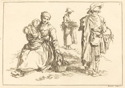 Sittende mor og barn, to stående bønder av François Boucher after Abraham Bloemaert