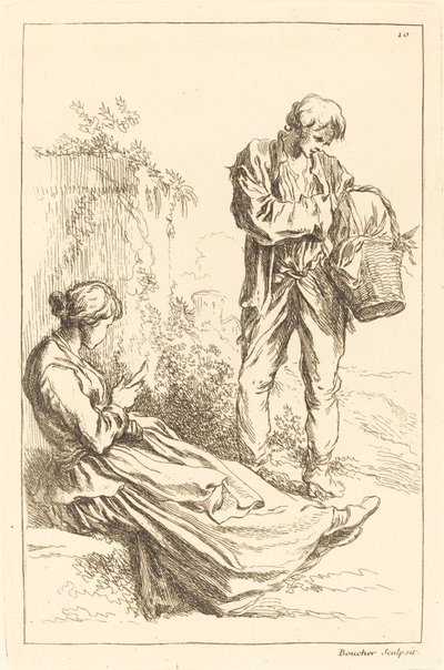 Sittende kvinne med bondegutt som holder en kurv av François Boucher after Abraham Bloemaert