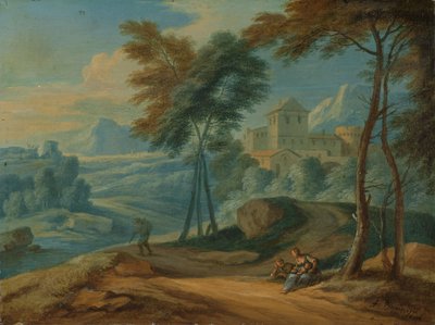 Skogkledd italiensk landskap med figurer av François Boudewyns