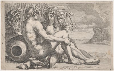 Elveguder liggende foran et sjølandskap, 1651-82. av François Bourlier