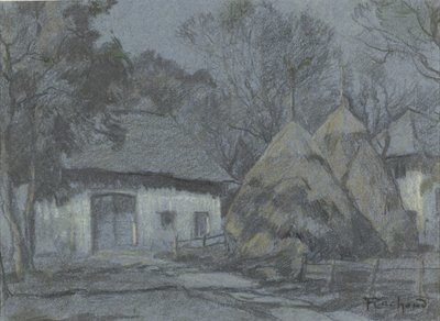 Høystakker på et gårdshus ved måneskinn av François Cachoud