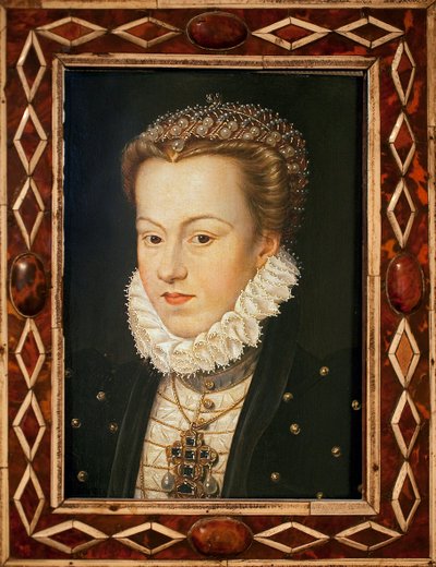 Portrett av Elisabeth av Østerrike (1554-1592, dronning av Frankrike) - Maleri av Francois Clouet (ca. 1505-1572), fransk kunst, sent på 1500-tallet - Musee des Beaux Arts d