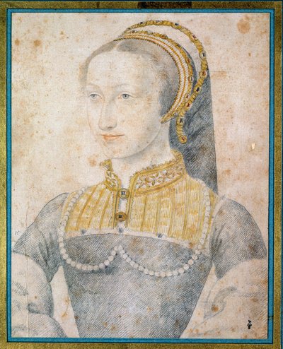 Portrett av Jeanne av Albret, dronning av Navarra (1528 - 1572), mor til Henry IV. Tegning med svart stein og blod av Francois Clouet (1515-1572) av François Clouet