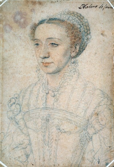 Portrett av Marguerite de France, datter av Francois I, hertuginne av Savoy (1523 - 1574). Tegning med svart stein og blod av Francois Clouet (1515-1572) av François Clouet