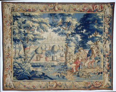 Parkutsikt med jegere med fangsten Parkutsikt med figurer (serietittel) av François Coppens