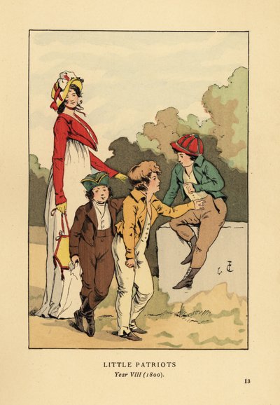 Gutter i jakker og knebukser med Merveilleuse i romersk kappe med panser og spencerjakke. Små patrioter, år VIII av François Courboin