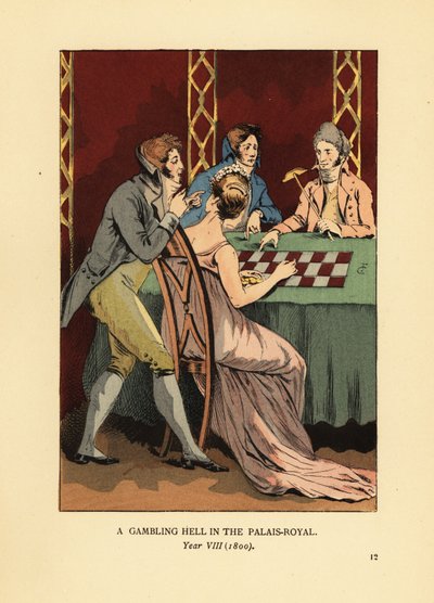 Fasjonable Incroyables i jakker med høy krage ved et spillebord med ung kvinne og croupier. Et gamblinghelvete i Palais Royal, år VIII av François Courboin