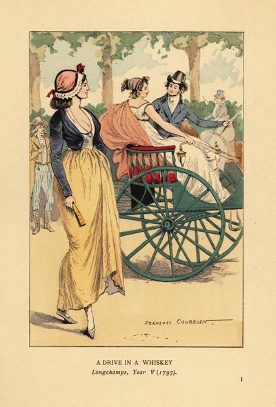 Fasjonabelt par kjører i en en-hests whiskyvogn eller spillejobb i Longchamps, Paris, år V av François Courboin