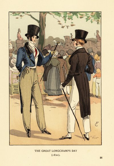 Fasjonable herrer i topplue og haler med stokk. På en stor løpsdag på Longchamp veddeløpsbane. Mengder av fasjonable mennesker og vogner. Den store Longchamps-dagen av François Courboin
