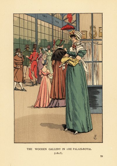 Fasjonabel kvinne som handler i Wooden Gallery i Palais Royal, Paris av François Courboin