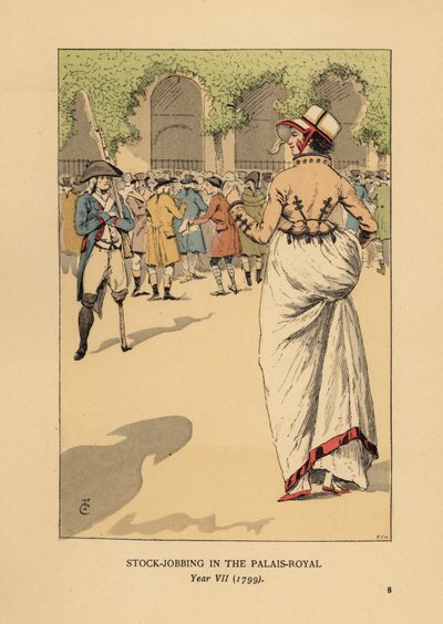 Fasjonabel kvinne med en gruppe spekulanter eller agiotører, Paris. En ettbent revolusjonær soldat står vakt. Lagerjobbing ved Palais Royal, år VII av François Courboin