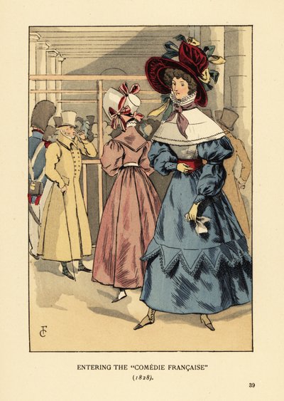 Fasjonable kvinner på et skuespill, Paris. Kvinne i stor panser med bånd, kjole med høy krage, blondekappe eller pelerine og hele ermer en beret. Inn i Comedie Francaise av François Courboin