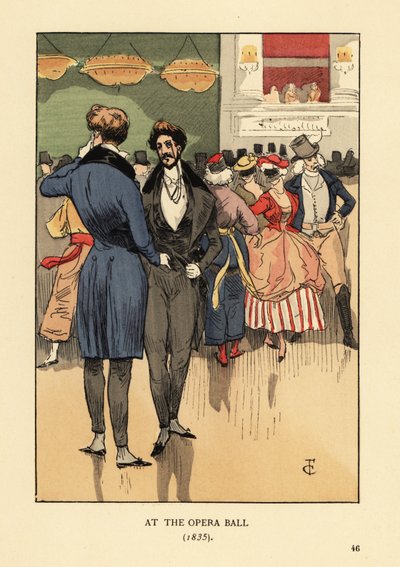 Fops i frakk med haler, vest, trange bukser og hvite strømper. Folk i fancy dress og masker bak seg. På Operaballet 1835. Håndkolorert litografi av RV etter en illustrasjon av Francois Courboin fra Octave Uzanne's Fashion i Paris, Will av François Courboin