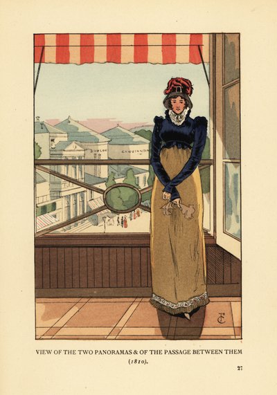 Kvinne ved vinduet med utsikt over Panoramas og Passage des Panoramas, på Boulevard Montmartre, Paris av François Courboin