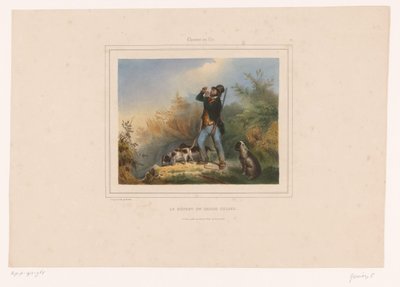 Viltvokter med tre jakthunder Le départ du garde chasse (tittel på objekt) Jegere med våpen (serietittel) Chasses au Tir (serietittel på objekt) av François Grenier