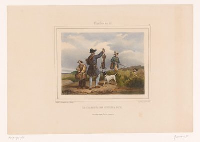 Hunter viser andre jeger sin skutt hare Le chasseur en jouissance (tittel på objekt) Jegere med våpen (serietittel) Chasses au Tir (serietittel på objekt) av François Grenier