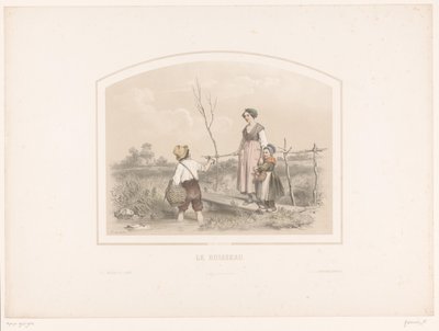 Gutt viser hummer til kvinne og barn ved en bekk Le ruisseau (tittel på objekt) av François Grenier