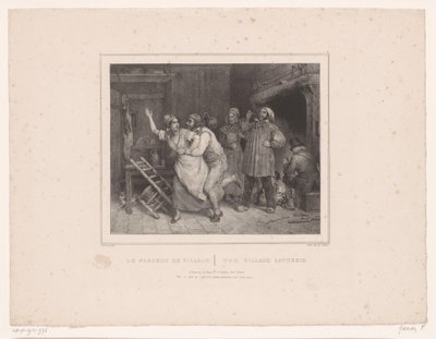 Mann prøver å klemme kvinnen i vertshuset Le farceur de village / The village lotherio (tittel på objekt) Tolv representasjoner av forskjellige figurer (serietittel) Album de douze sujets (...) (serietittel) av François Grenier