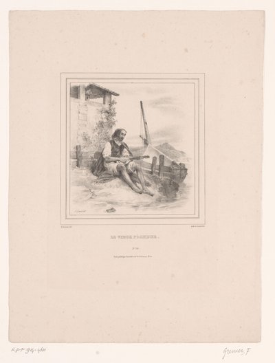 Gammel fisker med lut på vannet Le vieux pêcheur (tittel på objekt) av François Grenier